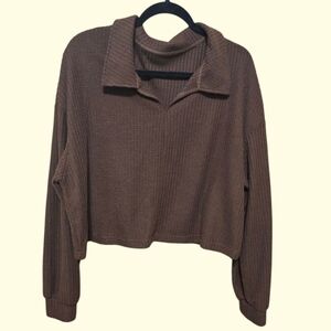 Brown Collared Women's Sweater Croped